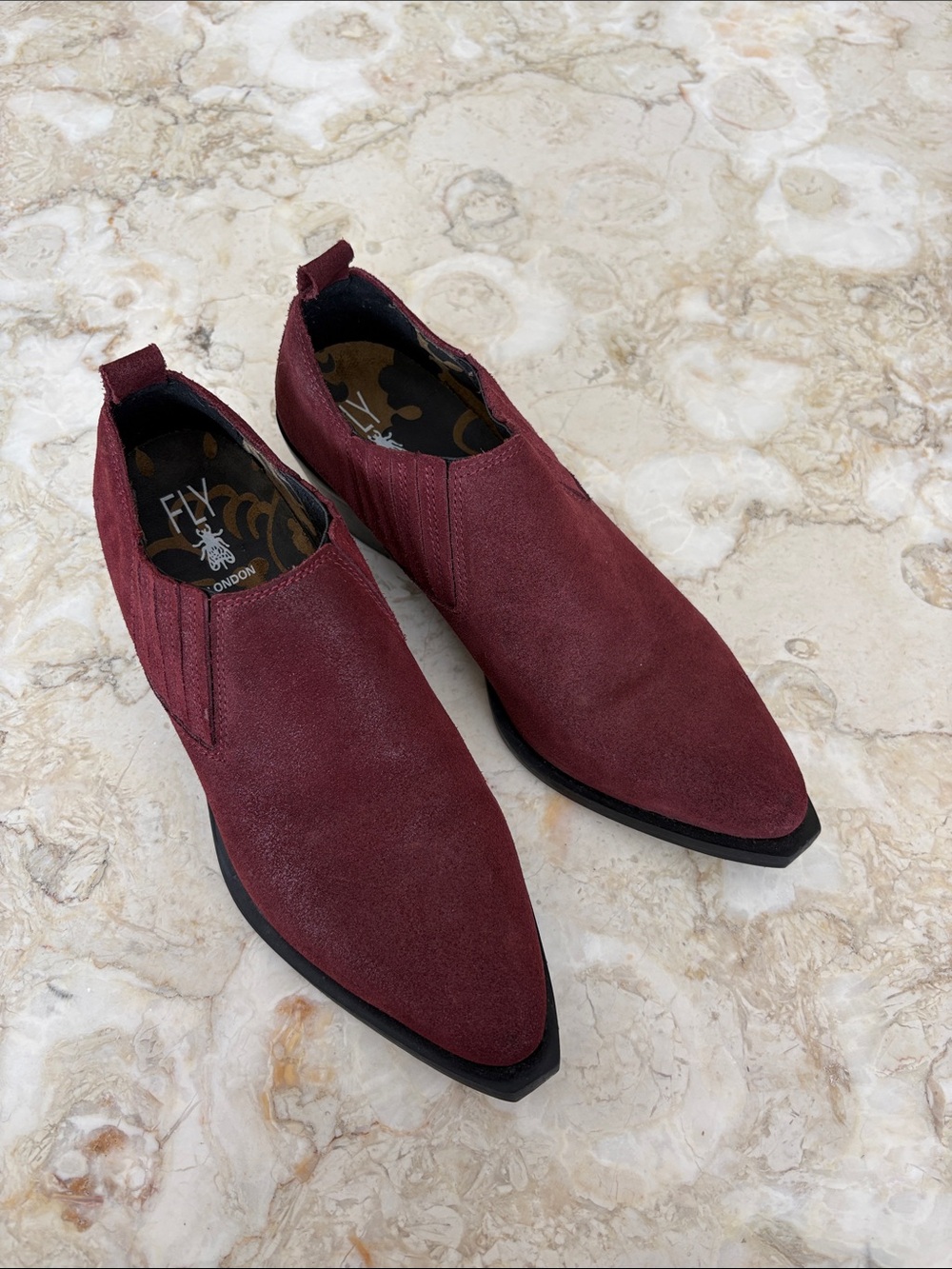 Fly London Burgundy Suede Cowboy Style Pointed-Toe Ankle Booties / Shoes